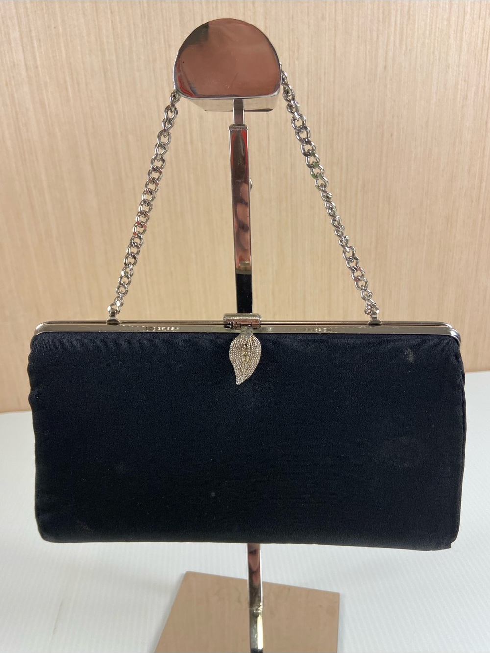 Black Evening Clutch with Silver Leaf Accent